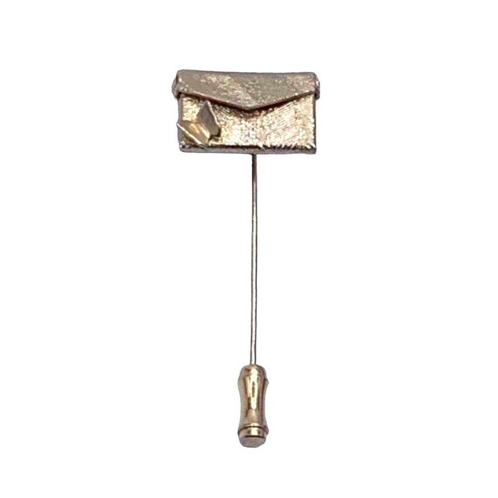 Vintage Womens Lapel Stick Pin Gold Tone Metallic Envelope Butterfly Detail